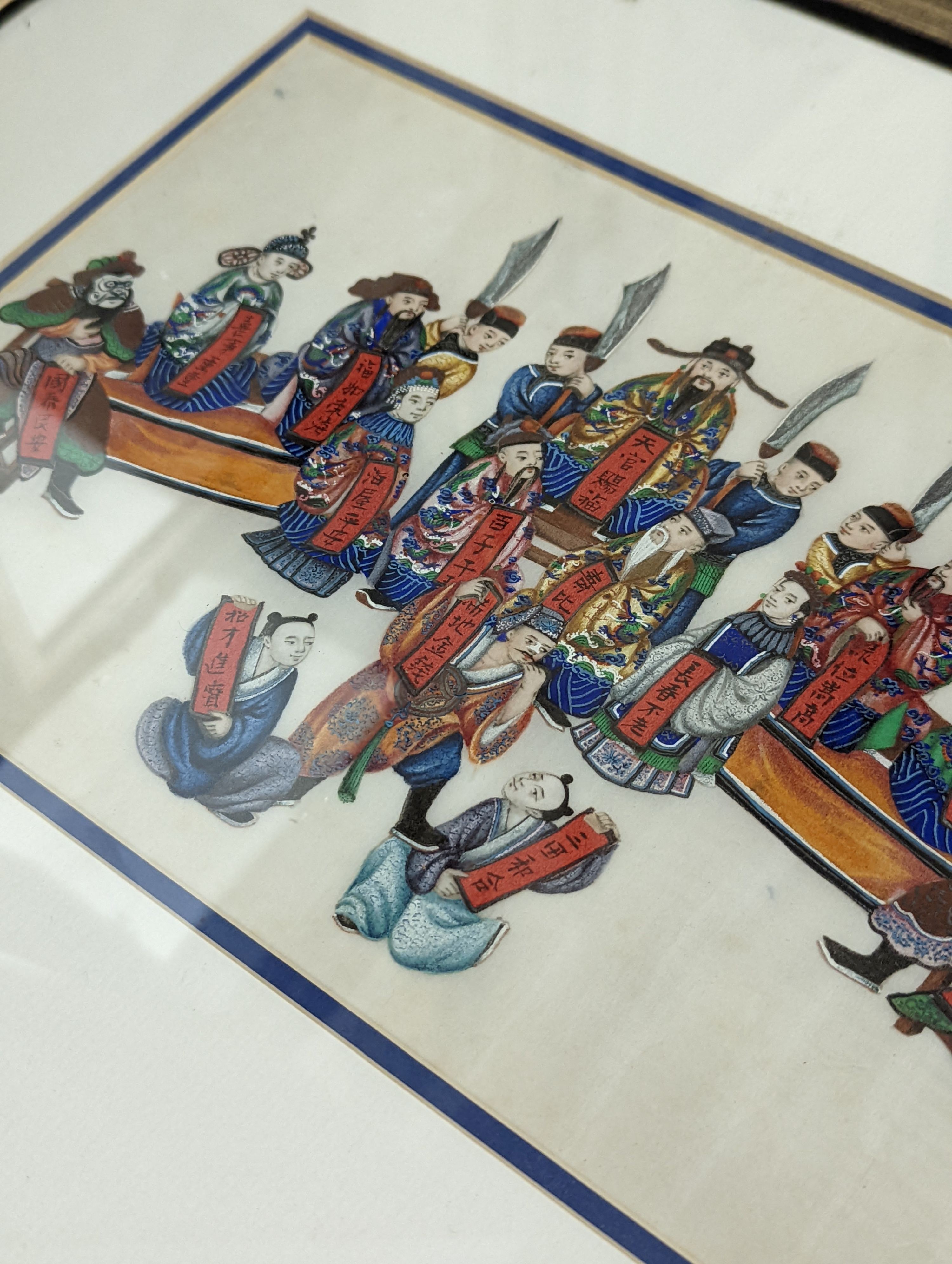 19th century Chinese School, four gouaches on pith paper, Performing figures, 17 x 26cm